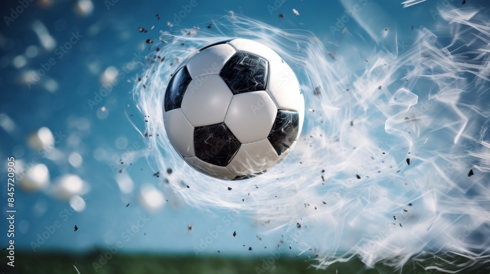 Naklejka premium close-up soccer ball suspended in mid-air just before hitting the back of the net