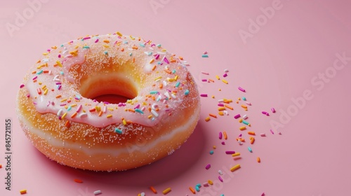 A delicious looking donut with colorful sprinkles on a pink background