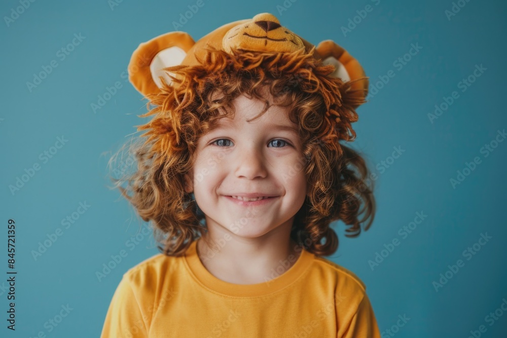 A happy young girl with a lion-themed hat, perfect for a whimsical or playful scene A happy young girl with a lion-themed hat, perfect for a whimsical or playful scene