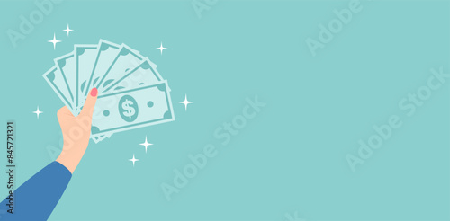 Female hand holding stack of dollar banknotes on a green background, copy space. Flat vector illustration