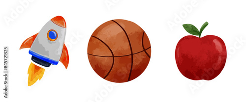 Watercolor red apple, rocket, basketball clipart vector illustration isolated on white background, back to school collection