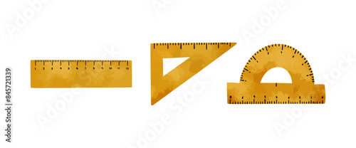 Watercolor ruler protractor clipart vector illustration isolated on white background, back to school collection