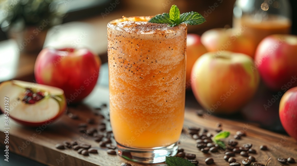 Fototapeta premium a sparkling apple smoothie at a clean and minimalistic coffee store, white background, luxurious offering, nicely decorated drink