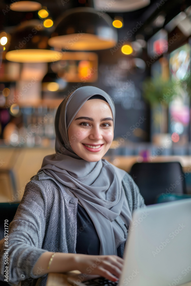 Young Muslim woman in a headscarf sits working on a laptop in a crowded cafe, distance learning and working online Young Muslim woman in a headscarf sits working on a laptop in a crowded cafe, distance learning and working online