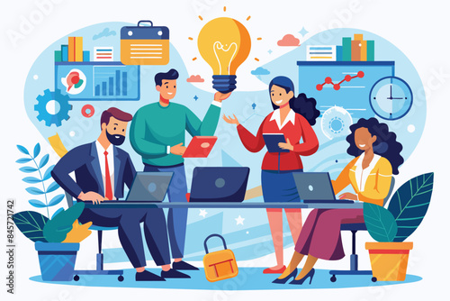 A diverse team of business professionals collaborate around a table to brainstorm new ideas, with a bright lightbulb symbolizing inspiration.