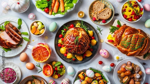 Traditional Easter dinner or brunch with ham, colored eggs, hot cross buns, cake and vegetables. Easter meal dishes with holday decorations. Top view, copy space, panorama, banner photo