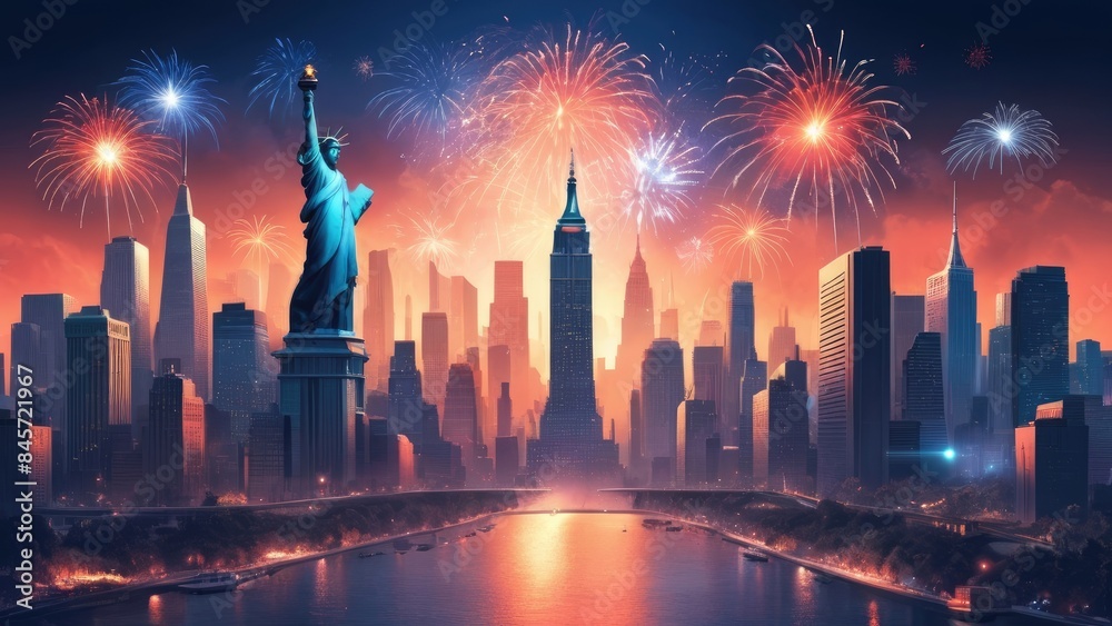 Fototapeta premium Art deco American Independence Day celebration background with a beautiful urban setting