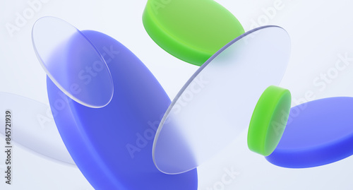 Round glass shapes minimal composition with glassmorphism effect. 3d rendered image.	
 photo