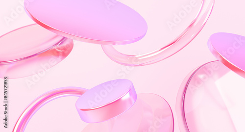 Glass disc shapes with colorful reflections composition. 3d rendering illustration.	
