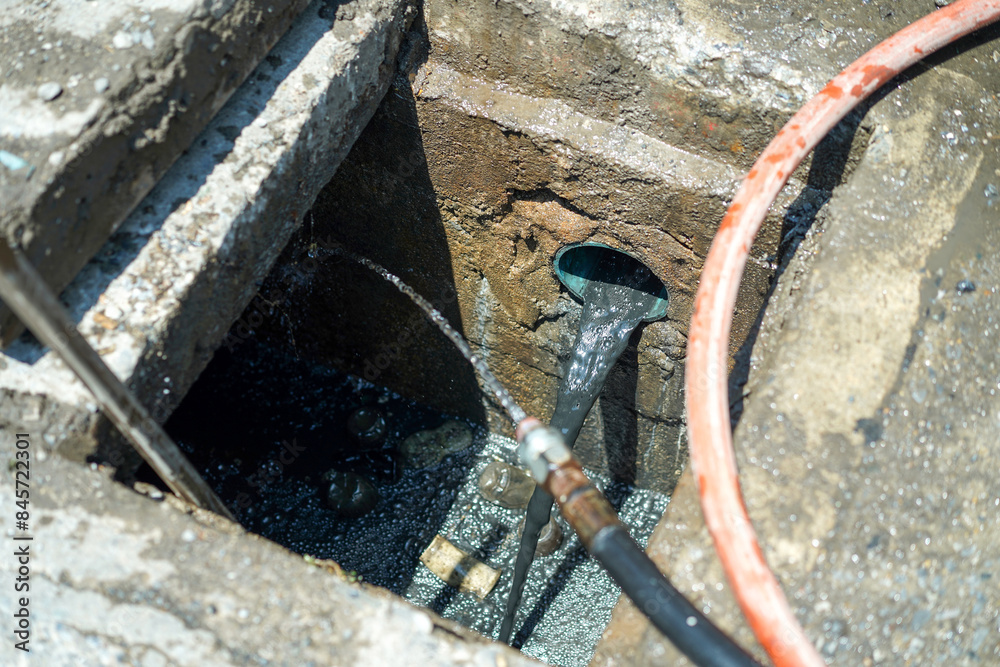 Obraz premium Sewer pipe cleaning in a private house. Mud and sludge remover in clean hole in drainage pipe underground with water - splashing water hose in hole.