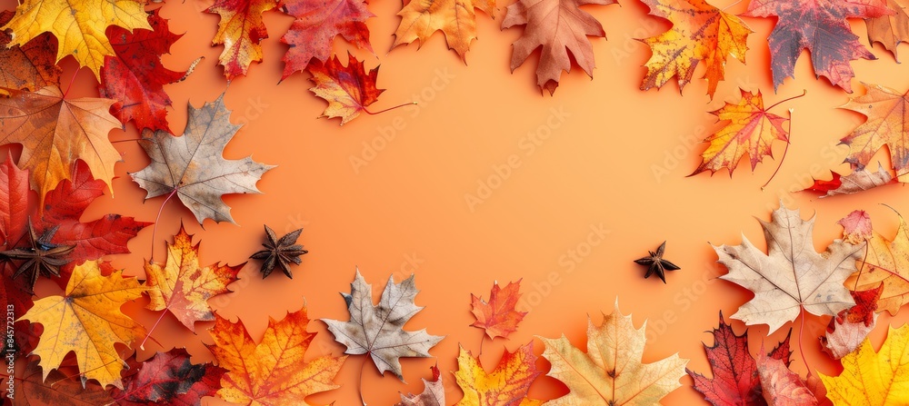 Autumn leaves on orange surface, top view with space for text placement in fall season theme Autumn leaves on orange surface, top view with space for text placement in fall season theme