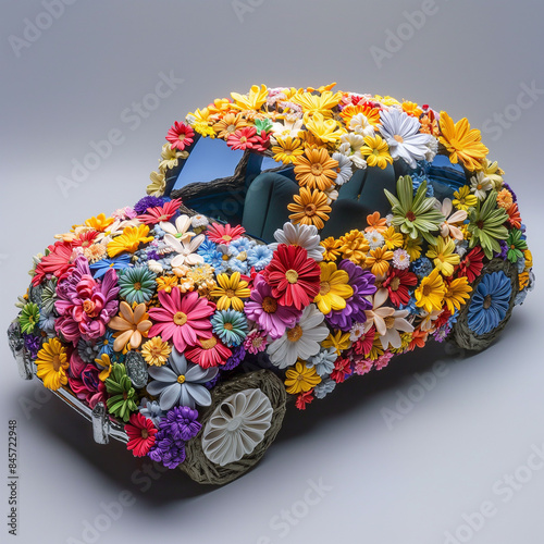 A modern car covered entirely with a vibrant array of multi colored flowers, showcasing a blend of technology and nature. environmental awareness projects, joy and eco consciousness. Copy space photo