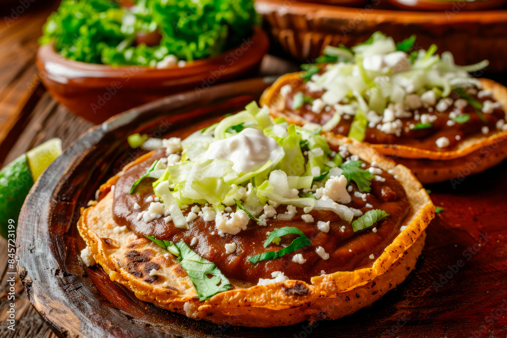 Traditional homemade Mexican food sopes on wooden table Traditional homemade Mexican food sopes on wooden table