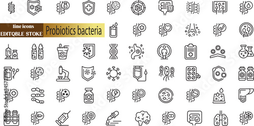 Probiotics bacteria, microbes, infection and pathogen cells concept editable stroke outline icon 