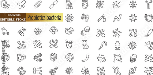 Probiotics bacteria, microbes, infection and pathogen cells concept editable stroke outline icon 