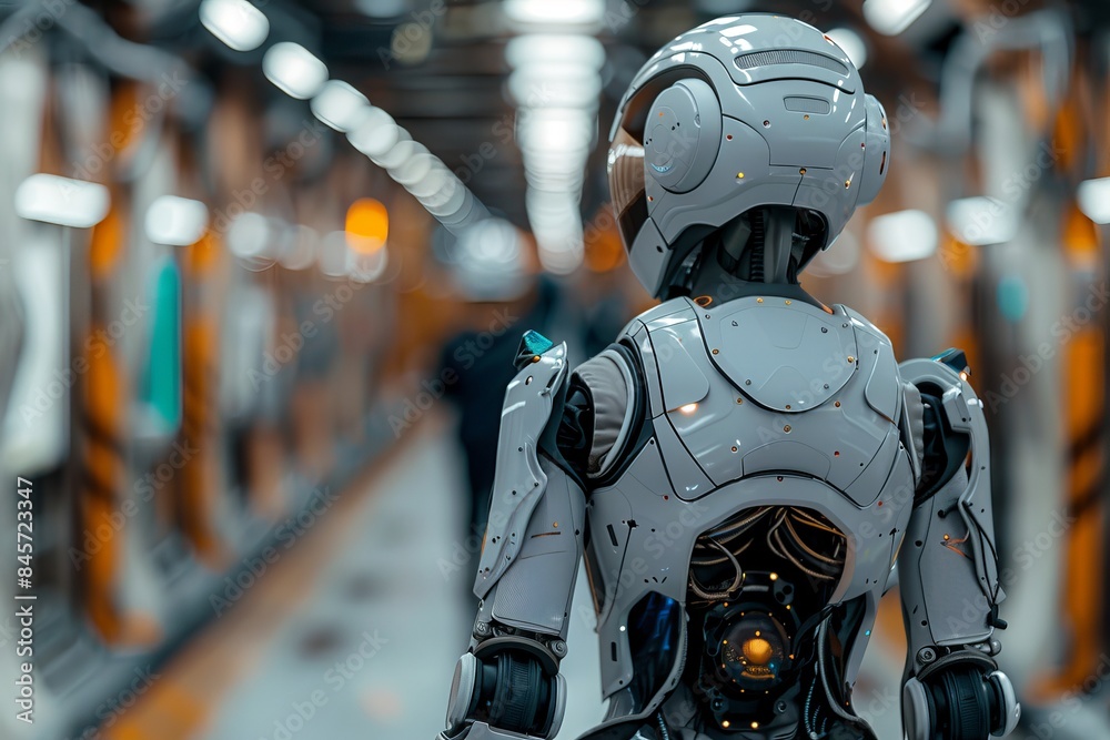 Advanced humanoid robot in futuristic corridor Advanced humanoid robot in futuristic corridor