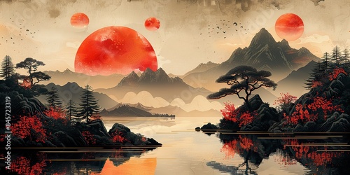 this is a modernized japanese background with oriental it has a geometric icon with ornaments depicting abstract landscapes with vintage influences