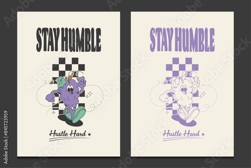 retro 70s poster or graphic t-shirt template with cartoon mascot character of grapes, vector illustration