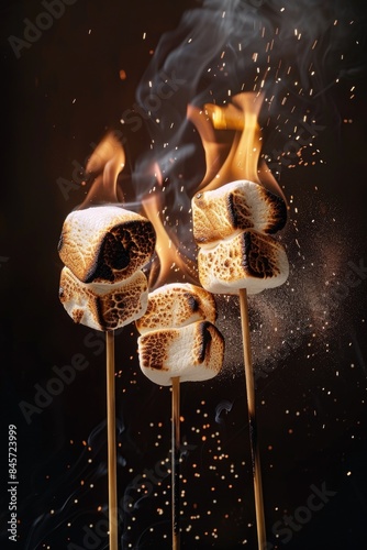 A group of marshmallows toasted with flames, can be used in food or fire-themed contexts photo