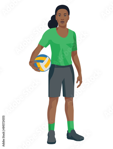 African women's volleyball girl player in a green T-shirt who stands straight with a ball in her hand