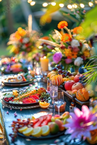 A colorful table setting with various fruits and flowers