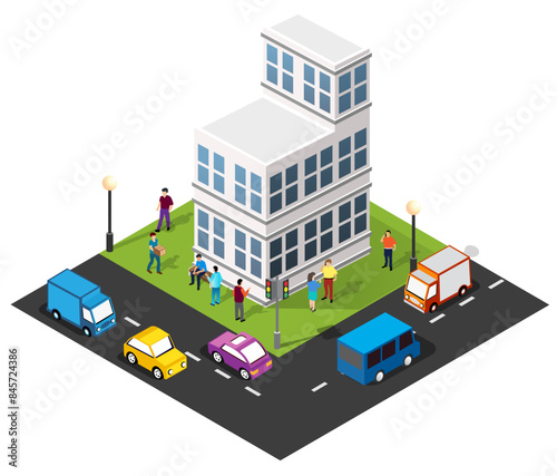 Isometric 3d module block district part of the city with a street road from the urban infrastructure of vector architecture. Modern white illustration for game design and business background