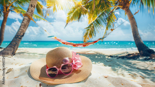 Happy holidays on a picturesque sandy beach with a chic hat and sunglasses near a hammock between swaying palm trees