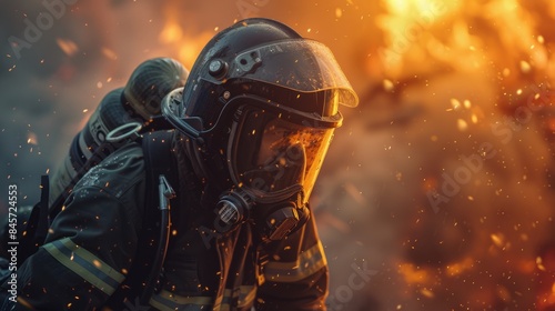 Portrait of firefighter wearing safety gear and walking at place surrounded with smoke and prepare to put out fire. Close up of energetic officer wearing protective cloth and survive in fire. AIG42.