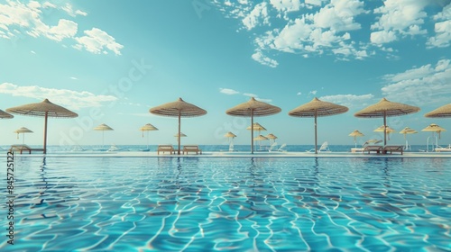 A pool with umbrellas and chairs submerged in water