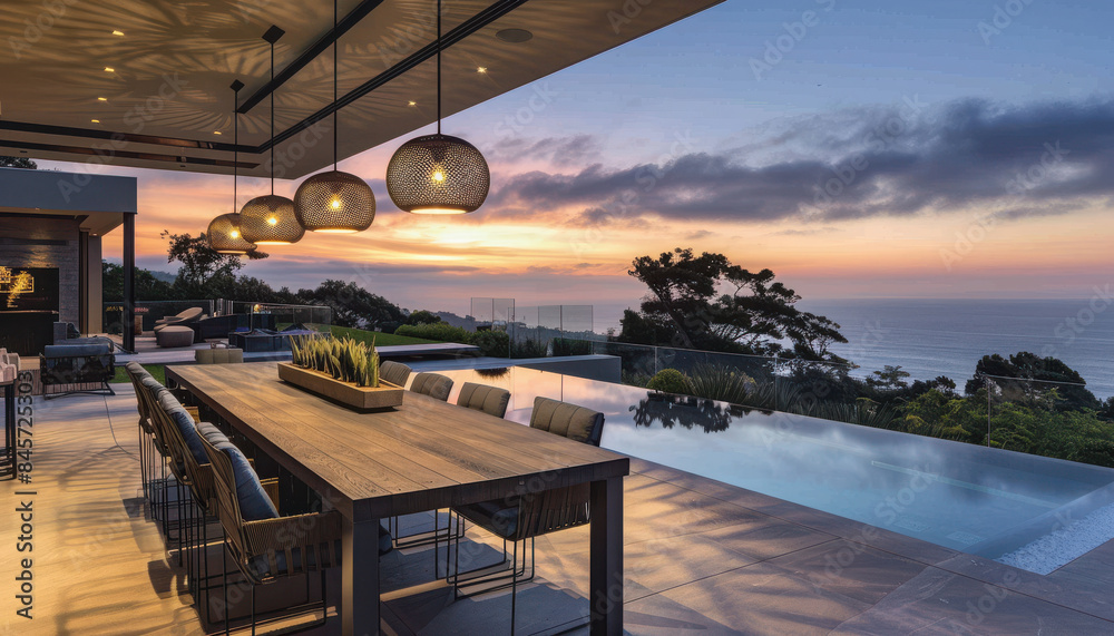Fototapeta premium Modern luxury patio dining table with sunset ocean view 