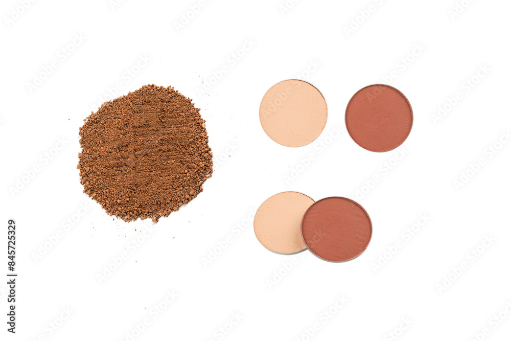Makeup cosmetics. Eyeshadow in brown color crushed palette, colorful eye shadow powder on white background