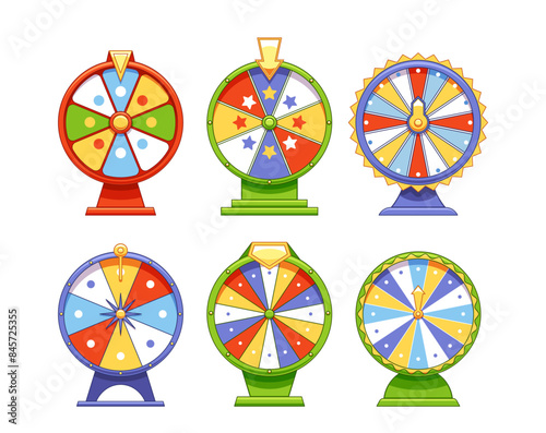 Set Of Six Colorful Cartoon Wheels Of Fortune. Perfect For Game Design, Entertainment, And Casino-themed Illustrations