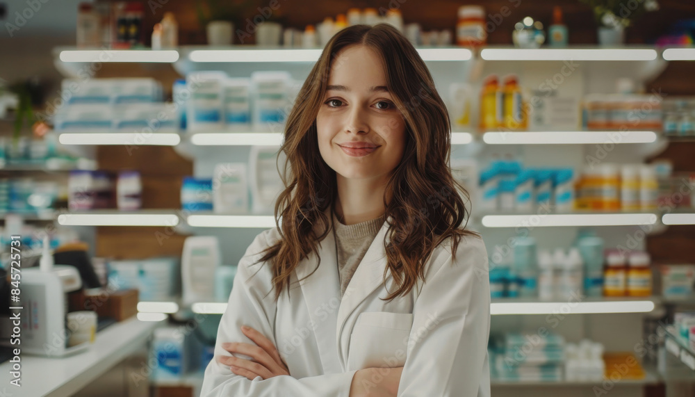 Pharmacy Drugstore: Portrait of Beautiful Caucasian Pharmacist Standing Behind the Checkout Counter, Smiling Charmingly, Looking at Camera. Modern Drugstore with Shelves full of Medicine Packages