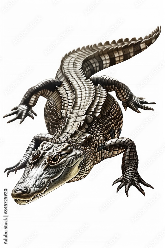 Fototapeta premium A close-up shot of a large alligator's head and body on a white background, suitable for use in articles or advertisements about reptiles, wildlife, or environmental conservation