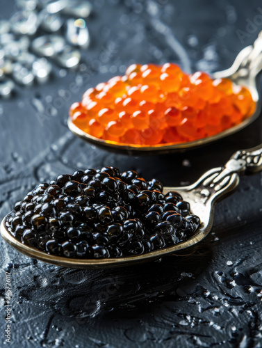 Red and black caviar in silver spoons on dark table 