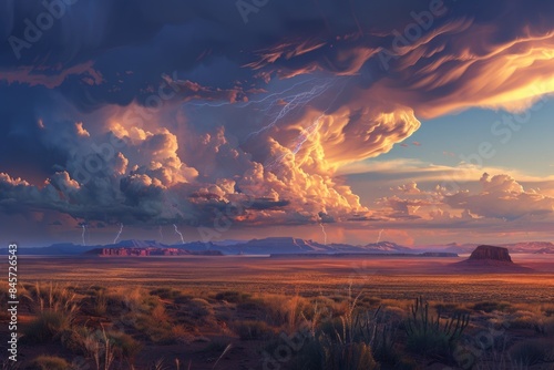 Cloudy skies over a desert landscape with lightning and thunder photo