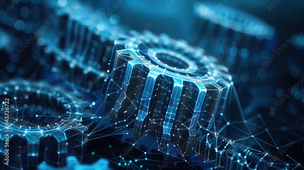 3D wireframe illustration of a gear on a dark blue background. Mechanical technology 3D wireframe illustration of a gear on a dark blue background. Mechanical technology
