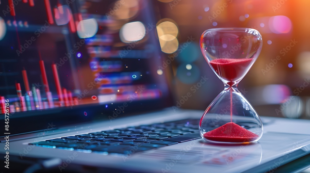 A red hourglass on laptop computer concept for time management