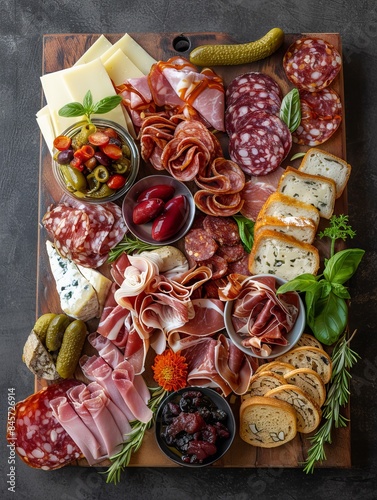 Close up of a charcuterie board with wine