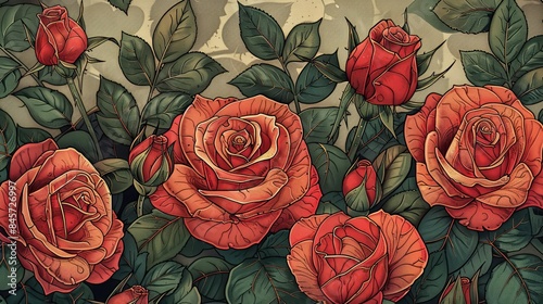 A painting of a bunch of red roses with green leaves