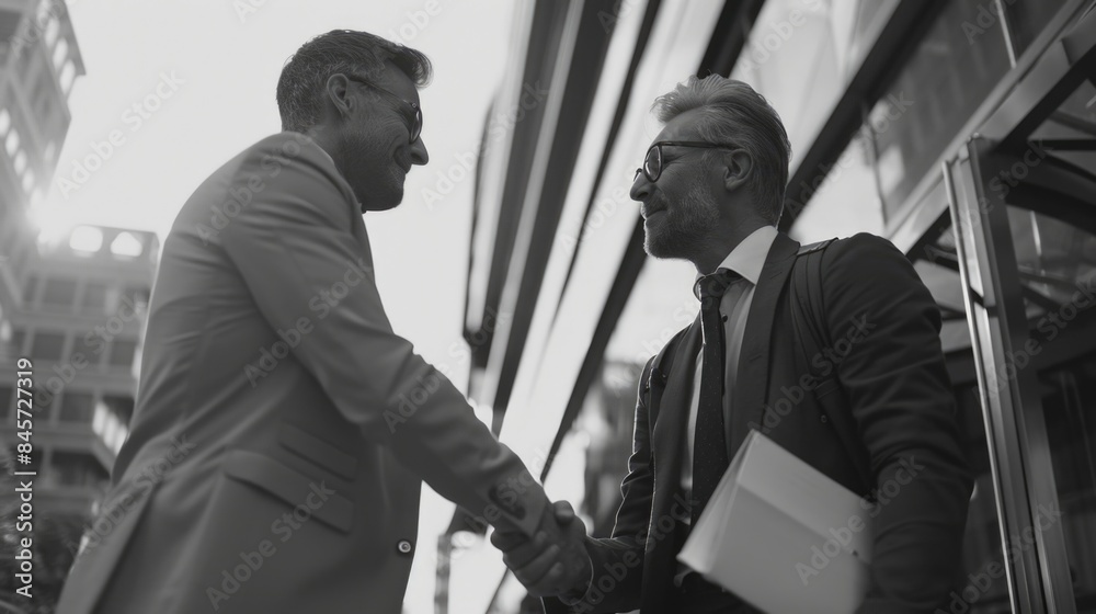 Two men exchanging greetings in front of a building Two men exchanging greetings in front of a building