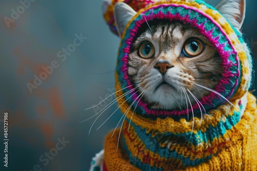A domestic cat wearing a knitted hat and scarf, outdoors