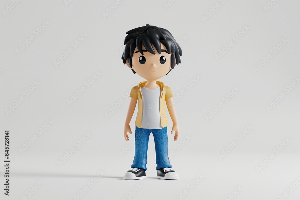 Playful chibi male 3D vinyl toy with a casual outfit of jeans and a t-shirt, showcased on a clean white background from the front. Playful chibi male 3D vinyl toy with a casual outfit of jeans and a t-shirt, showcased on a clean white background from the front.