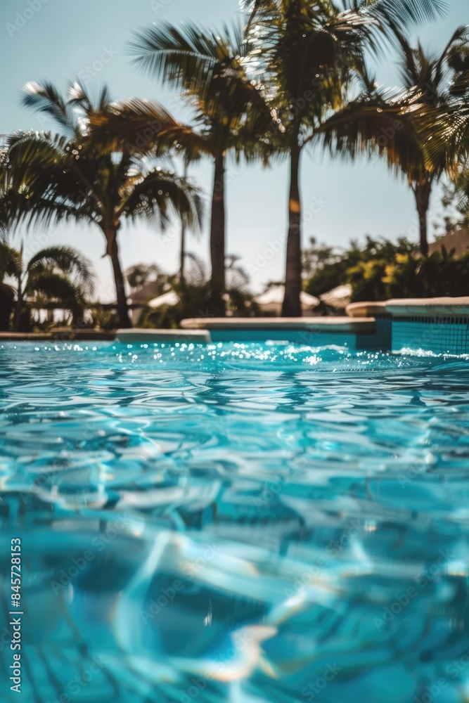 A serene scene of a swimming pool surrounded by palm trees