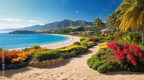 Fototapeta Naklejka Na Ścianę i Meble -  Wallpaper turquoise coast and luxury garden