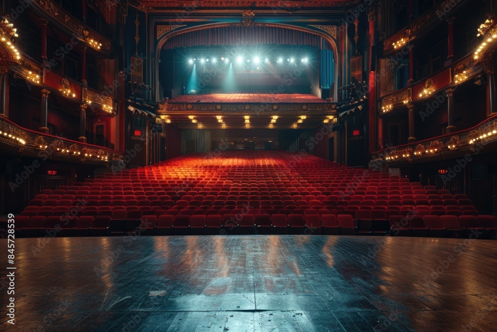 A darkened theatre with red seats and lights, ready for a performance A darkened theatre with red seats and lights, ready for a performance