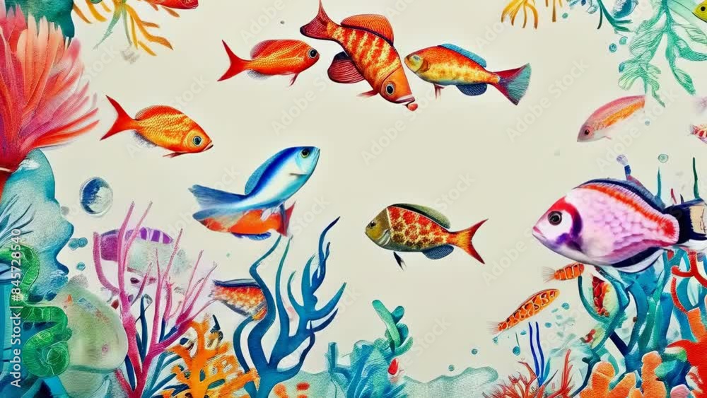 A vibrant underwater scene features colorful tropical fish and coral reefs surrounding a white center. The fish, in various hues, swim among bright coral formations