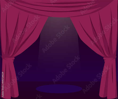 Theater stage with open red curtains.