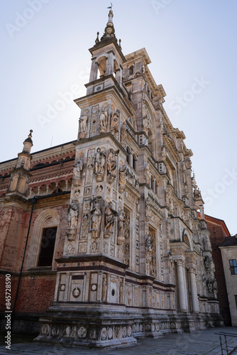 Certosa di Pavia monastery, historical monumental complex that includes a monastery and a sanctuary. .Close up of the church on the left face,Pavia,Italy.