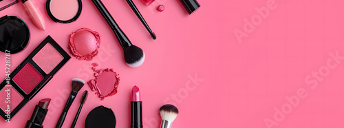 Collection of cosmetic products on a pink background, including lipsticks, eyeshadow and brushes,with copy space for text or graphics.Beauty industry concept. photo